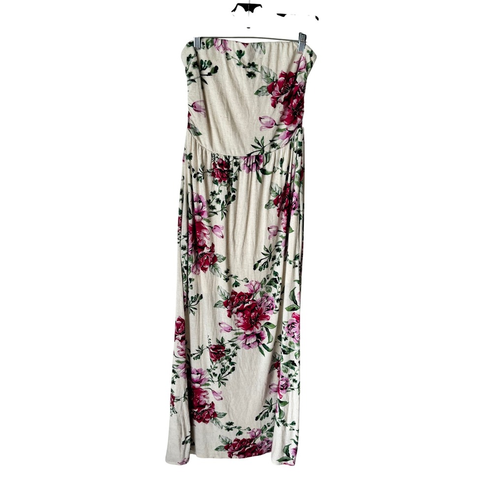 Entro Cream Pink Floral Strapless Maxi Dress Rayon Linen Blend Boho Summer